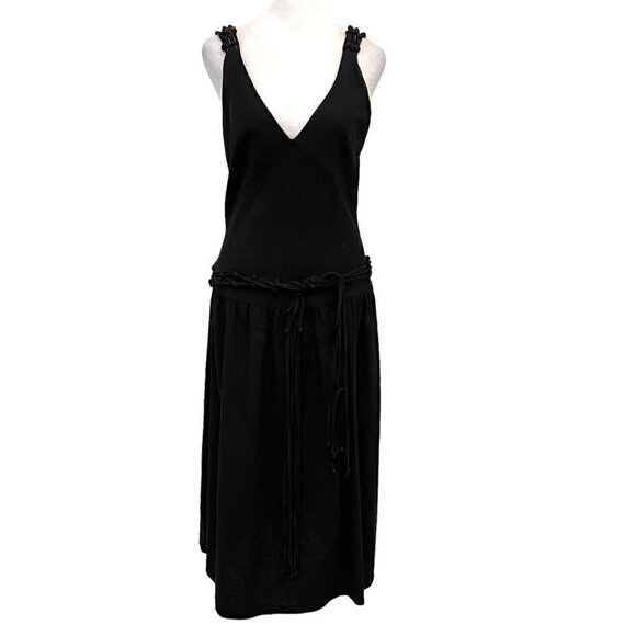 Zara Linen Blend Strappy Back V-Neck Midi Dress Belt Classic Black size Large - Picture 1 of 9